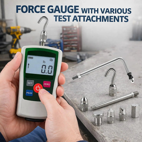 Dead On Precise Digital Force Gauge Push Pull Meter For Tension Compression Testing With Hardcore Peak Hold Modes And Switchable N Kg Lb Oz Units For Knockout Quality Check Workflows showing display and test attachments.