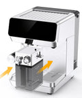 Semi Automatic Dual Boiler Espresso Machine With Auto Milk Frother For Barista Vibes, side view with frothing pitcher.