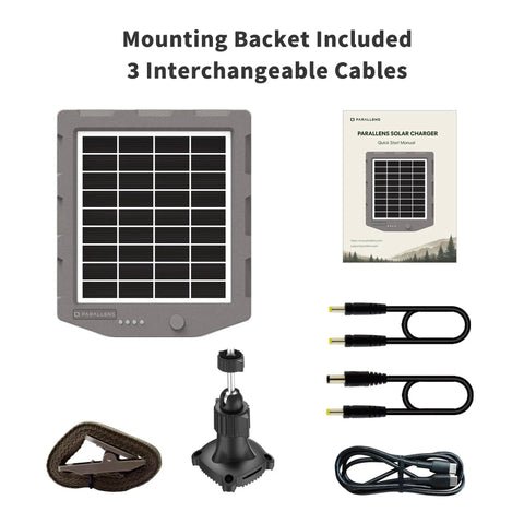Reliable High Performance Solar Charging Kit Featuring Built In 2000 Mah Battery For Cellular Trail Cameras includes solar panel, cables, and mounting bracket.