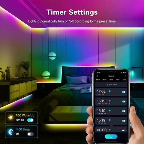 50ft Color Changing LED Strip Lights With Bluetooth Music Sync illuminating a bedroom, controlled by a smartphone app, creating ambiance.
