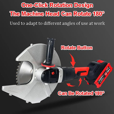 Tough Cordless Power Rig That Slays Through Steel Bars And Piping Without Breaking A Sweat Includes Auxiliary Handle For Serious Cutting And Grinding Jobs Outside, showing 180-degree rotating design and handle.