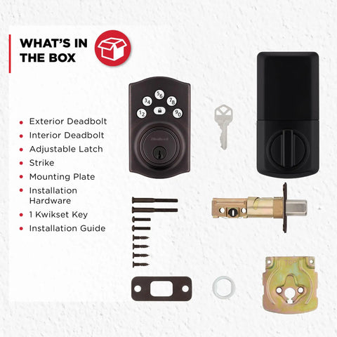 Smooth Operator Electronic Deadbolt Door Lock components, including keypad, adjustable latch, and Kwikset key in brushed bronze.