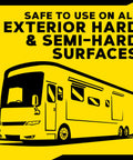 Graphic of RV with the text 'Safe to use on all exterior hard & semi-hard surfaces' promoting Hybrid Ceramic All Surface Sealant For Marine And RV Use, Easy Spray Spread Wipe On UV Protection For Fiberglass And Gel Coat, Boosts Gloss Beading And Durability, Weatherproof Shine In A 32 Oz Bottle.