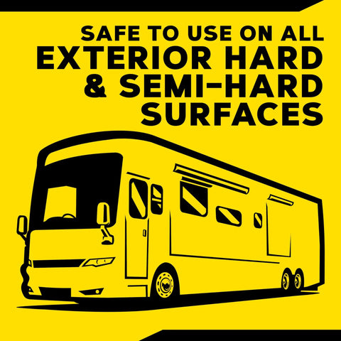 Graphic of RV with the text 'Safe to use on all exterior hard & semi-hard surfaces' promoting Hybrid Ceramic All Surface Sealant For Marine And RV Use, Easy Spray Spread Wipe On UV Protection For Fiberglass And Gel Coat, Boosts Gloss Beading And Durability, Weatherproof Shine In A 32 Oz Bottle.