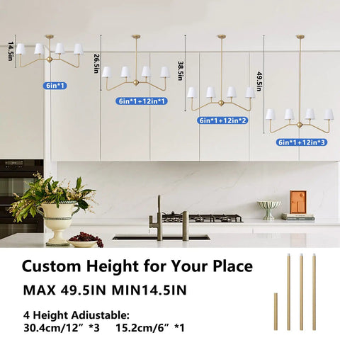 39 Inch Four Light Gold Island Pendant With White Fabric Shade Modern Dining Room Chandelier In Kitchen Display