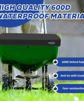 Waterproof 600D Heavy Duty Spreader Cover For Broadcast Spreaders P20-5010 And 85-100 Lb Fertilizer Spreaders Rain Or Shine All Weather UV Shield Dirt Debris Guard shown on green spreader