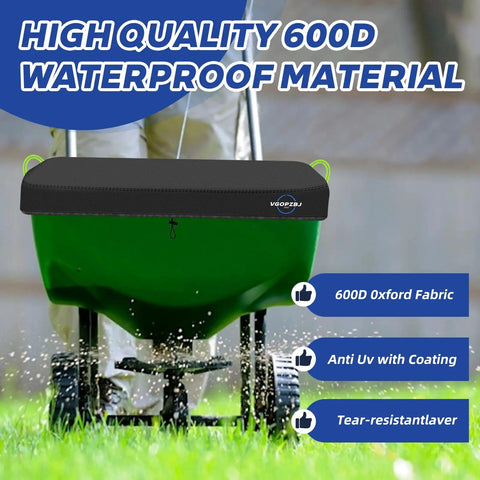 Waterproof 600D Heavy Duty Spreader Cover For Broadcast Spreaders P20-5010 And 85-100 Lb Fertilizer Spreaders Rain Or Shine All Weather UV Shield Dirt Debris Guard shown on green spreader