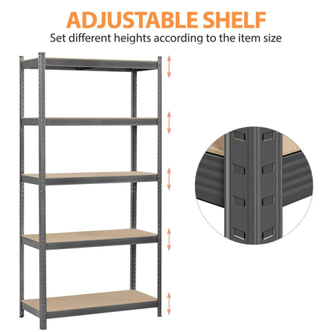 Adjustable top shelf five tier storage rack showing height adjustments for flexible utility shelf use, dark gray metal.