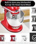 Heavy Duty Metal Mixer Slider for KitchenAid Stand Mixer 4.5 to 5 Quart slider under red tilt-head stand mixer on countertop.
