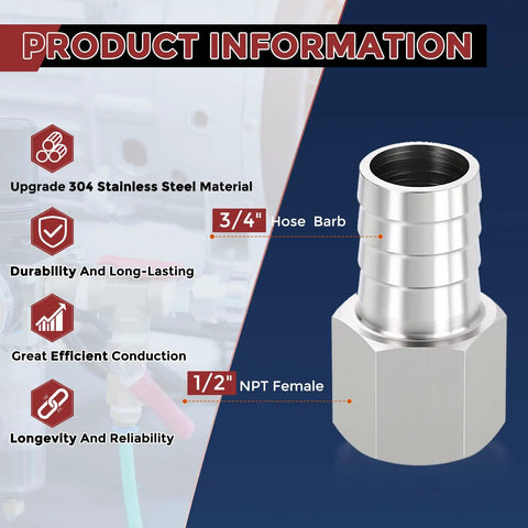Pack Of Two Stainless Steel Hose Barb Fittings Three Quarter Inch Hose Barb To One Half Inch NPT Female Fittings product details