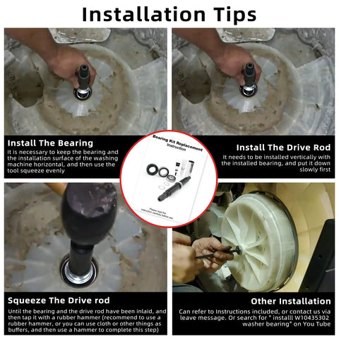 Installation tips for Replacement Tub Shaft And Bearing Kit For Whirlpool Cabrio Washer, showing tools and parts.