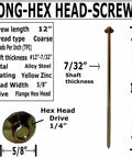 Bulletproof Extra Long Structural Lag Screws For Heavy Duty Construction And Outdoor Landscaping Projects With Yellow Zinc Coating and Easy Hex Head Flange Design For No Sweat Secure Fastening On Thick Timber Posts showing 12 inch length and flange hex head.