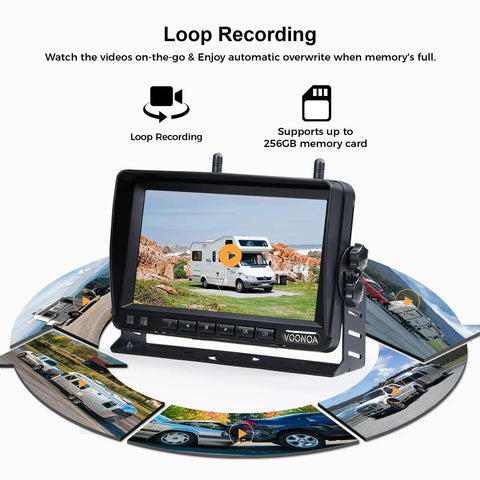 Dual Wireless Backup Cameras With 7 Inch HD 1080P Monitor showing loop recording feature and playback with multiple vehicle images.