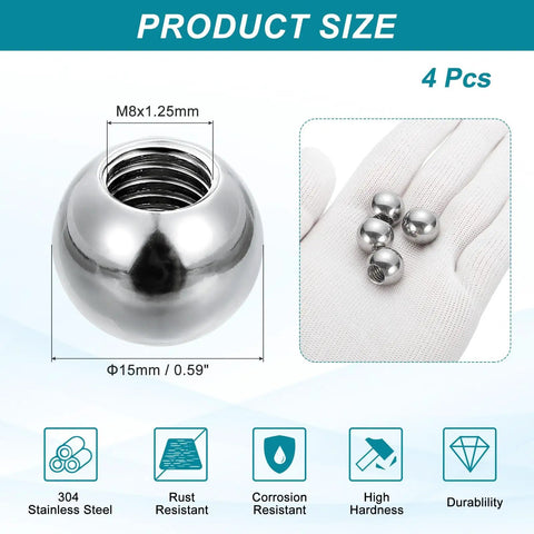 4 Pack Ball Nuts Knobs M8x1.25mm Thread 15mm Diameter 304 Stainless Steel in hand and zoomed detail