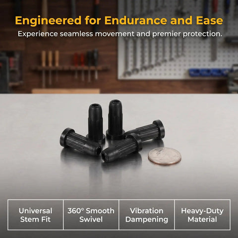 Fifty Pack Black Nylon Caster Stem Socket Sleeve With Secure Grip Neck For Office Chair Leg Swap Bushing and Furniture Foot Cap. 5 sockets on table.