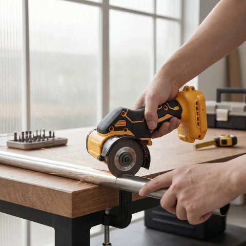 Person using Badass 3 Inch Cordless Circular Saw And Versatile Mini Angle Grinder with brushless motor cutting metal pipe on workbench.