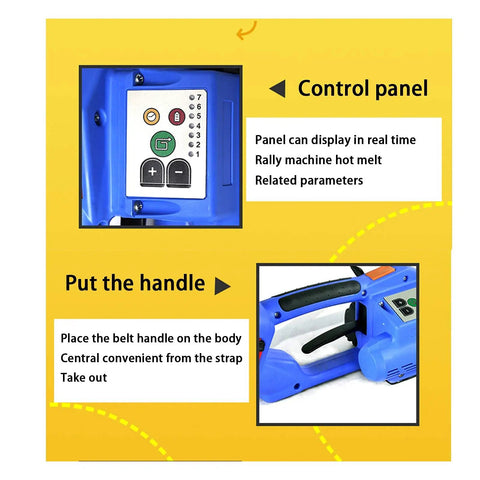 Control panel and handle details of PRO GRADE RECHARGEABLE STRAPPING TOOL FOR PP AND PET PLASTIC BELTS WITH 3000 MAH BATTERY.