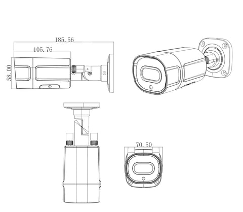 Technical drawing of 4K Analog Security Camera 8MP TVI Bullet Camera For CCTV Coax BNC IR Night Vision Waterproof Metal Housing