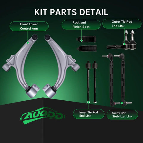 10-Piece Front Suspension Overhaul Kit Including Reinforced Control Arms Ball Joints Stabilizer Links And Tie Rod Ends For Buick Verano Chevy Cruze Volt kit parts detail including control arms, tie rod links, and boot.