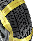 Close-up of Heavy Duty Tow Dolly Basket Straps Two Pack With Flat Steel Hooks For 15 To 19 Inch Car Tires securely wrapped around a tire.