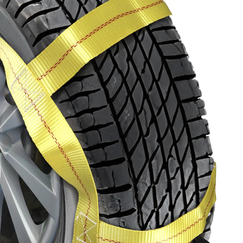 Close-up of Heavy Duty Tow Dolly Basket Straps Two Pack With Flat Steel Hooks For 15 To 19 Inch Car Tires securely wrapped around a tire.