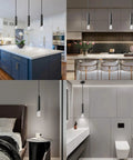 Black Mini Pendant Lights 2 Pack For Kitchen Island And Bedroom, Modern Industrial Ceiling Lighting With Metal Rods And Clear Acrylic Column Shade in kitchen, bar, bedroom, and bathroom settings