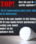 Warning text for appliance model verification with light bulb image.