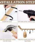 Installation steps for Top Shelf Hockey Stick Coat Rack Featuring Six Rock Solid Hooks, showing hooks, drilling and mounting process.