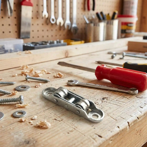 Heavy Duty Sliding Door And Window Replacement Rollers With Double Wheel Pulleys on wooden workbench among tools and hardware.