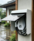 Built Different Outdoor EV Charger Enclosure Top Shelf waterproof station with rain cover protecting electric car plug from water.