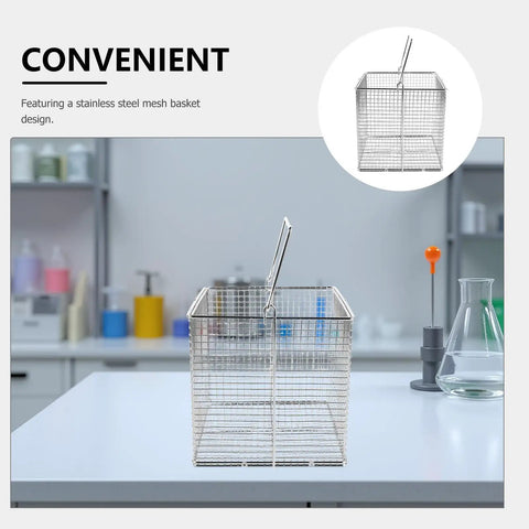 Stainless Steel Ultrasonic Cleaning Basket With Swinging Handle For Small Parts Dip And Drain Design High Temperature Resistant Parts Basket For Equipment And Precision Tools Easy Batch Handling, square mesh basket