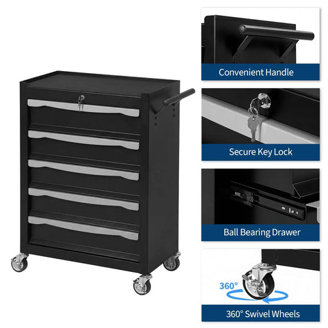 Badass Rolling Tool Chest Cabinet Designed With Heavy Duty Cold Rolled Steel Construction Includes Secure Central Keyed Lock For Shop Floor Storage, featuring five drawers and swivel wheels.
