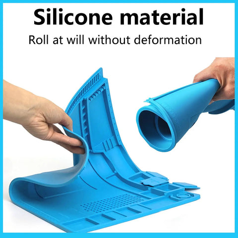 Pro Level Silicone Workbench Mat Featuring a Rock Solid Magnetic Surface and Smart 10 Slot Organizer Perfect for Soldering Phone Fixing and Lock Picking Practices Hella Heat Resistant 17.7 x 11.8 Inch, showcasing flexible silicone material.