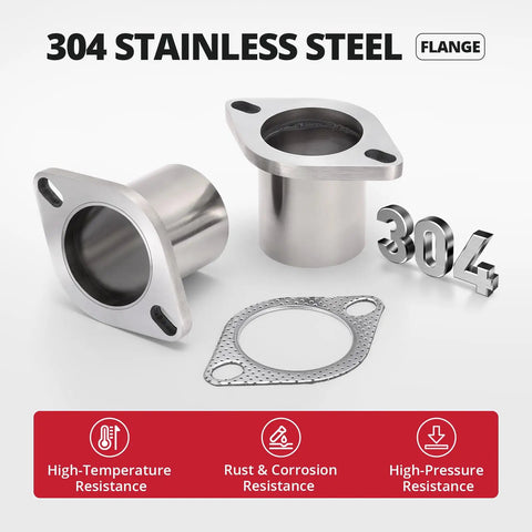 Universal 2 Bolt Exhaust Flange Repair Piping Kit With Premium 304 Stainless Steel Gasket Set showing stainless steel flanges and gasket.