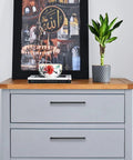 Gray dresser with wood top, featuring 20 Pack Square Drawer Pulls 7.5 Inch Matte Black Cabinet Handles Zinc Construction