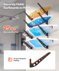Badass 4 Tier Horizontal Surfboard Wall Mount Rack Adjustable Height Metal Organizer displaying surfboards on a wall with scratch-resistant padding.