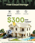 Professional Grade 4MP Wireless Outdoor Security Camera System With Solar Panel And Dual Band Wifi Capturing Hella Crisp Pictures And Badass Smart Motion Alerts displayed with free cloud storage savings on a home graphic.