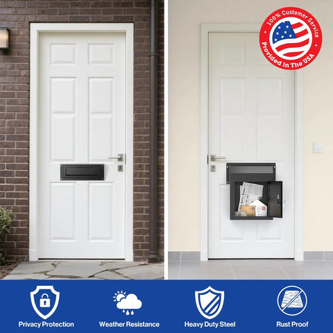 Rainproof Heavy Duty Mailbox Door Drop Box With Galvanized Steel Construction Weatherproof Mail Slot showing front and interior views.