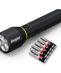Vision HD Ultra LED Flashlight With Digital Focus, 1800 Lumens, IPX4 Water Resistant, shown with nine AA batteries.
