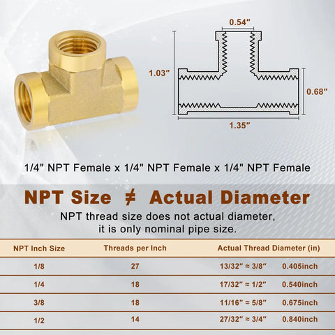Diagram of 1/4 inch NPT female brass tee fitting with thread size chart, showing Beefy Two Pack One Quarter Inch NPT Female Brass Tee Fittings.