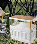 Super Roomy Camping Tote, Foldable Stackable Storage Bin With Hardwood Lid And Scuff Proof Plastic Body, huge 95 liter capacity for trail gear near camping stove.