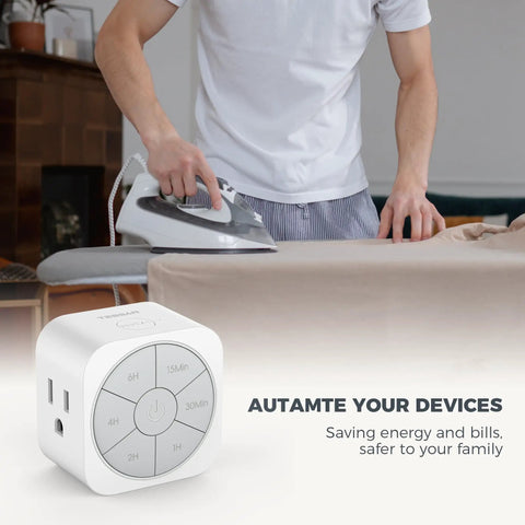 Indoor Electrical Outlet Timer 2 Pack Push Button Countdown Switch Six Preset Modes Daily Repeat Schedule No Sweat Set It Forget It Ease For Home Appliances And Lighting with a person ironing.