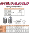 Tough Stainless Steel Hexagonal Spring Plunger Featuring Threaded M3 To M16 Set Screw specifications and dimensions chart.