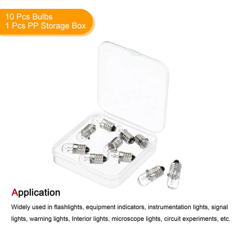 Hella Bright E10 Screw Base Miniature Bulbs 24 Volts 2 Watts Warm Yellow Lamp Replacement For Flashlights Circuit Boards And Indicator Lights 10 Pack Set in clear storage box.