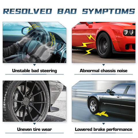 Image showing resolved symptoms of steering issues, uneven tire wear, and brake performance for Heavy Duty Front Suspension Overhaul Kit.