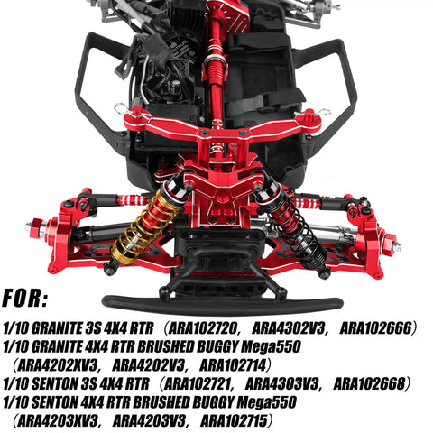 Granite And Senton 1/10 3S 4x4 RC Upgrade Parts Kit shown with red shocks, arms, and hubs installed on chassis front view.