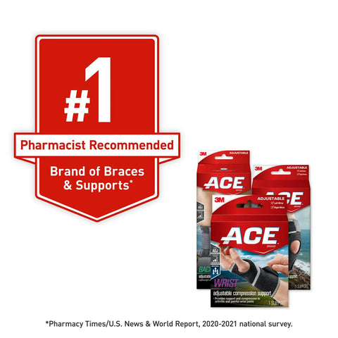 ACE ankle and wrist support packaging with '#1 Pharmacist Recommended' badge