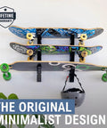 Heavy Duty Skateboard Wall Mount Rack Stores Three Longboards Street Decks And Accessories With Steel Frame and Fast Anchor Install.