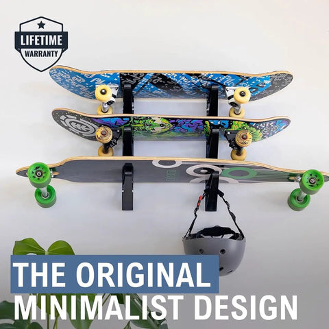 Heavy Duty Skateboard Wall Mount Rack Stores Three Longboards Street Decks And Accessories With Steel Frame and Fast Anchor Install.