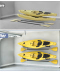 Before and after view of Heavy Duty Wall Mount Kayak Rack For Garage With Rock Solid Steel Kayak Storage Hangers holding two yellow kayaks.